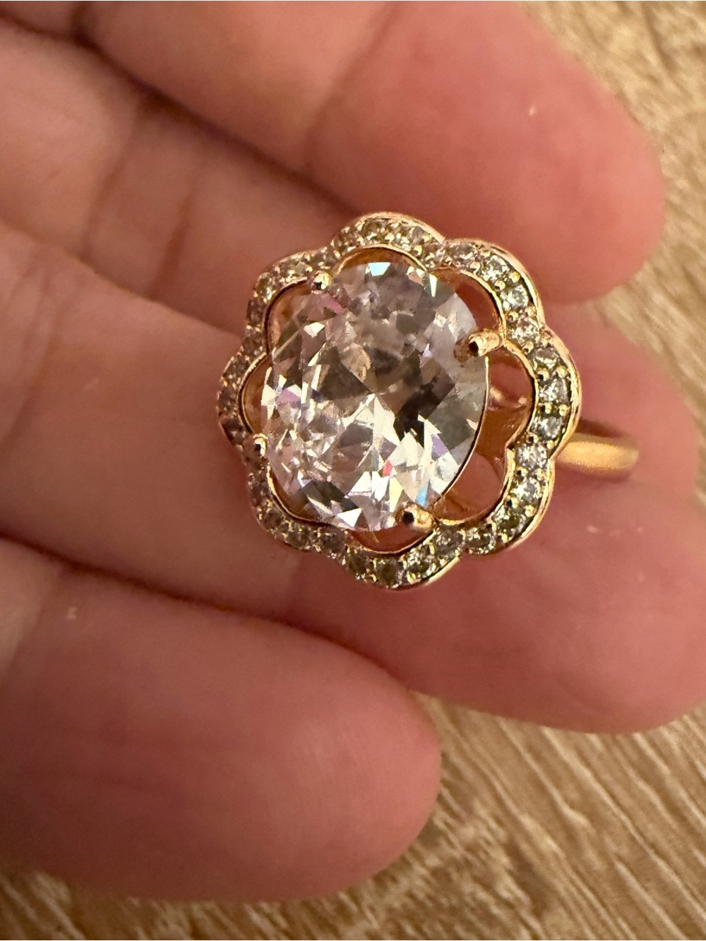 Gold-Tone Pink Crystal Floral Halo Ring